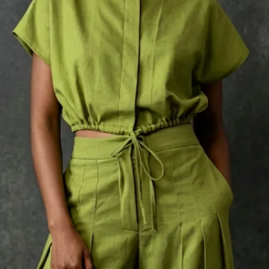 Cotton And Linen Urban Plain Drawstring Crew Neck Blouse, Blouses and Shirts, color:Green|size:XXL, Stylewe