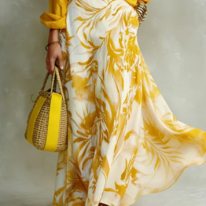 Plus Size Casual Printing Botanical Pattern Maxi Skirt, Plus Skirts, color:Yellow|size:4X, Stylewe