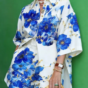 Elegant Floral Printing Shirt Collar Shirt, Blouses and Shirts, color:Blue|size:XXL, Stylewe