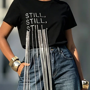 Casual Text Letters Tassel T-shirt, Tees, color:Black|size:XXL, Stylewe