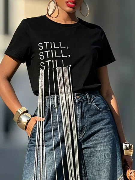 Casual Text Letters Tassel T-shirt, Tees, color:Black|size:XXL, Stylewe