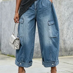 Urban Loose Plain Denim Jeans, Jeans, color:Denim Blue|size:XXL, Stylewe