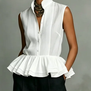 Cotton And Linen Urban Plain Peplum Stand Collar Shirt, Blouses and Shirts, color:White|size:XXL, Stylewe