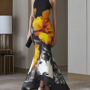 Elegant Floral Printing Crew Neck Maxi Party Dress, Cocktail Dresses, color:As Picture|size:XXL, Stylewe