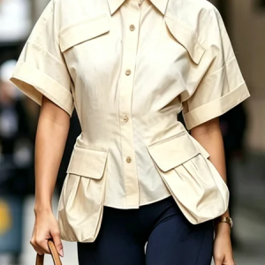 Urban Plain Pockets Shirt Collar Shirt, Blouses and Shirts, color:Khaki|size:XXL, Stylewe