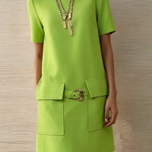 Elegant Plain Crew Neck Mini Dress, Mini Dresses, color:Green|size:XXL, Stylewe