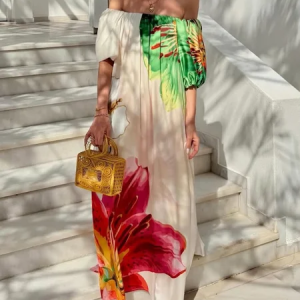 Vacation Floral Printing Cold Shoulder Maxi Dress, Maxi Dresses, color:As Picture|size:XXL, Stylewe