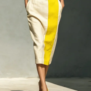 Cotton And Linen Urban Split Joint Color Block Midi Skirt, Skirts, color:As Picture|size:XXL, Stylewe