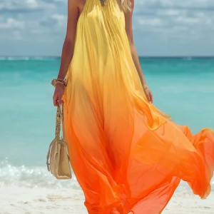 Vacation Ombre Printing Halter Neck Maxi Dress, Maxi Dresses, color:Orange|size:XXL, Stylewe