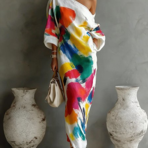 Plus Size Casual Random Print Printing Asymmetrical Maxi Dress With Belt, Plus Dresses, color:As Picture|size:4X, Stylewe