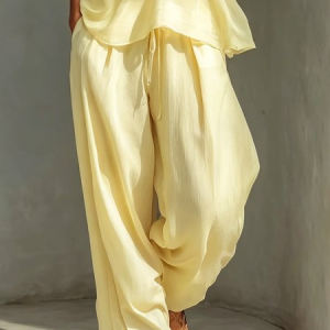 Elegant Plain Buttoned Wide Leg Pants, Pants, color:Yellow|size:XXL, Stylewe