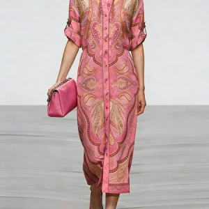 Urban Ethnic Buttoned Shirt Collar Midi Dress, Midi Dresses, color:Pink|size:XXL, Stylewe