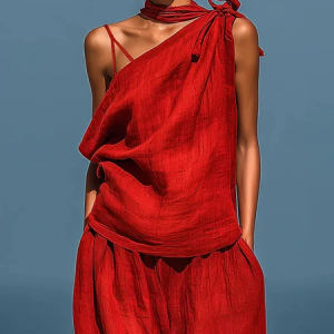 Cotton And Linen Casual Plain Lace-up Halter Neck Blouse, Blouses and Shirts, color:Red|size:XXL, Stylewe