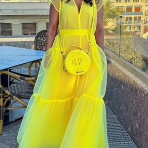 Vacation Plain Ruched V Neck Maxi Dress, Maxi Dresses, color:Yellow|size:XXL, Stylewe