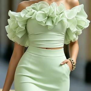 Elegant Plain Peplum Cold Shoulder Blouse, Blouses and Shirts, color:Green|size:XXL, Stylewe