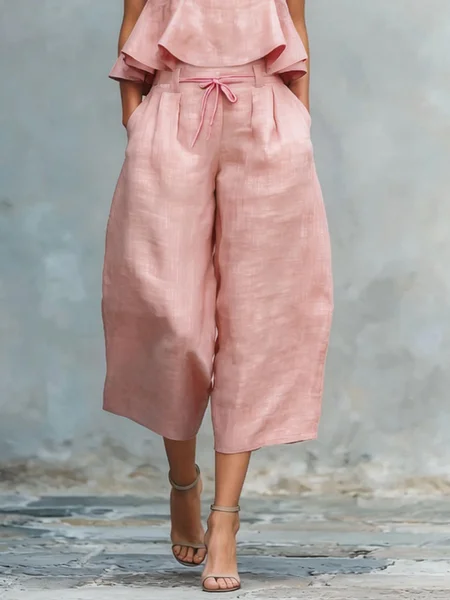 Casual Plain Lace-up Wide Leg Pants, Pants, color:Pink|size:XXL, Stylewe