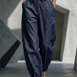 Casual Plain Cotton Loose Jeans, Jeans, color:Deep Blue|size:XXL, Stylewe