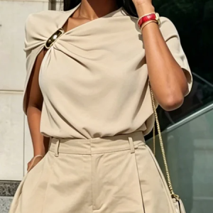 Urban Plain Asymmetric Blouse, Blouses and Shirts, color:Khaki|size:XXL, Stylewe