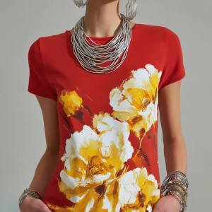 Elegant Floral Printing Crew Neck T-shirt, Tees, color:Red|size:XXL, Stylewe