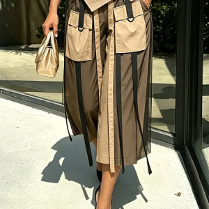 Casual Color Block Mesh Split Joint Wide Leg Pants, Pants, color:Khaki|size:XXL, Stylewe