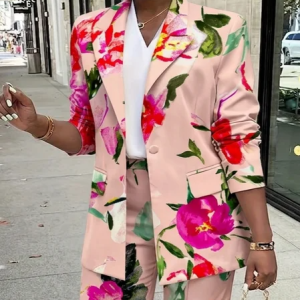 Casual Regular Sleeve Printing Floral Lapel Collar Blazer, Blazers, color:Pink|size:XXL, Stylewe