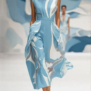 Plus Size Elegant Random Print Stand Collar Midi Dress, Plus Dresses, color:Blue|size:4X, Stylewe