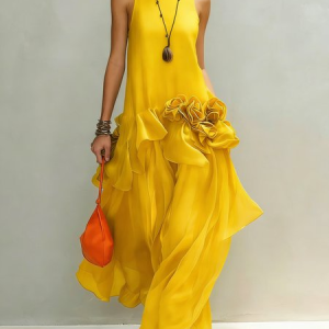 Elegant Plain 3D Floral Crew Neck Maxi Dress, Maxi Dresses, color:Yellow|size:XXL, Stylewe