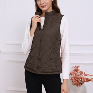 Stand Collar Lightweight Gilet Quilted Zipper Vest Brown/XS - Allegra K catalog