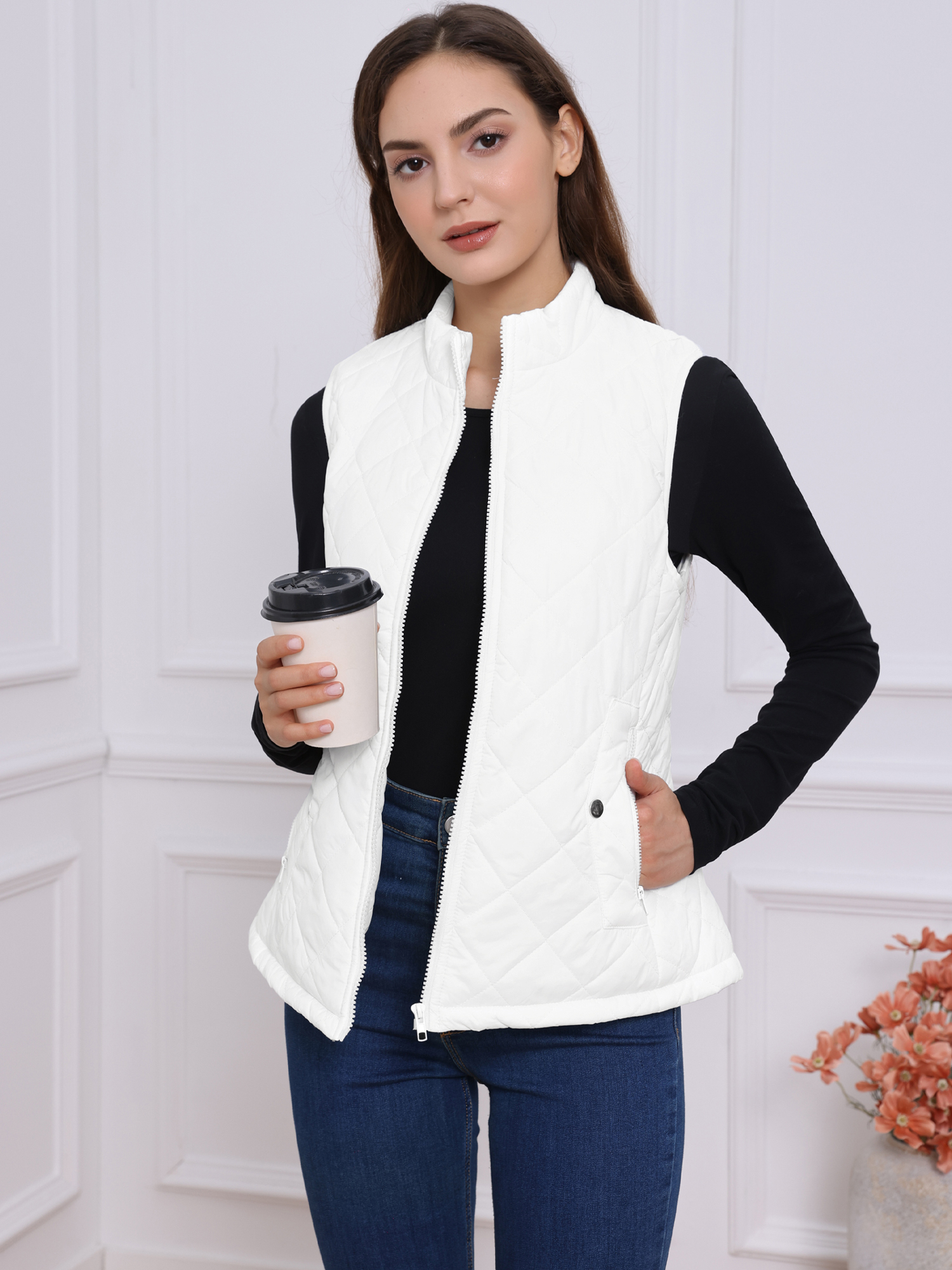 Stand Collar Lightweight Gilet Quilted Zipper Vest White/M - Allegra K catalog