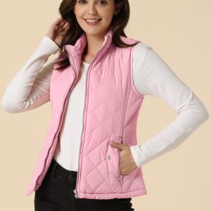 Stand Collar Lightweight Gilet Quilted Zipper Vest Pink/S - Allegra K catalog