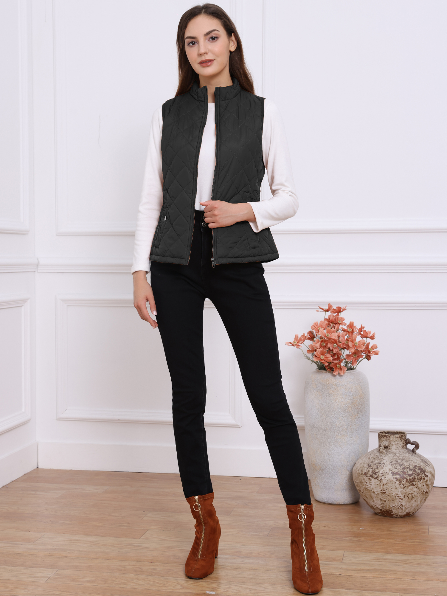 Stand Collar Lightweight Gilet Quilted Zipper Vest Black/L - Allegra K catalog