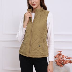 Stand Collar Lightweight Gilet Quilted Zipper Vest Khaki/XS - Allegra K catalog