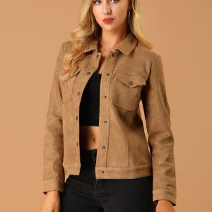 Faux Suede Turn-Down Collar Flap Pocket Snap Button Jacket Brown/XS - Allegra K catalog