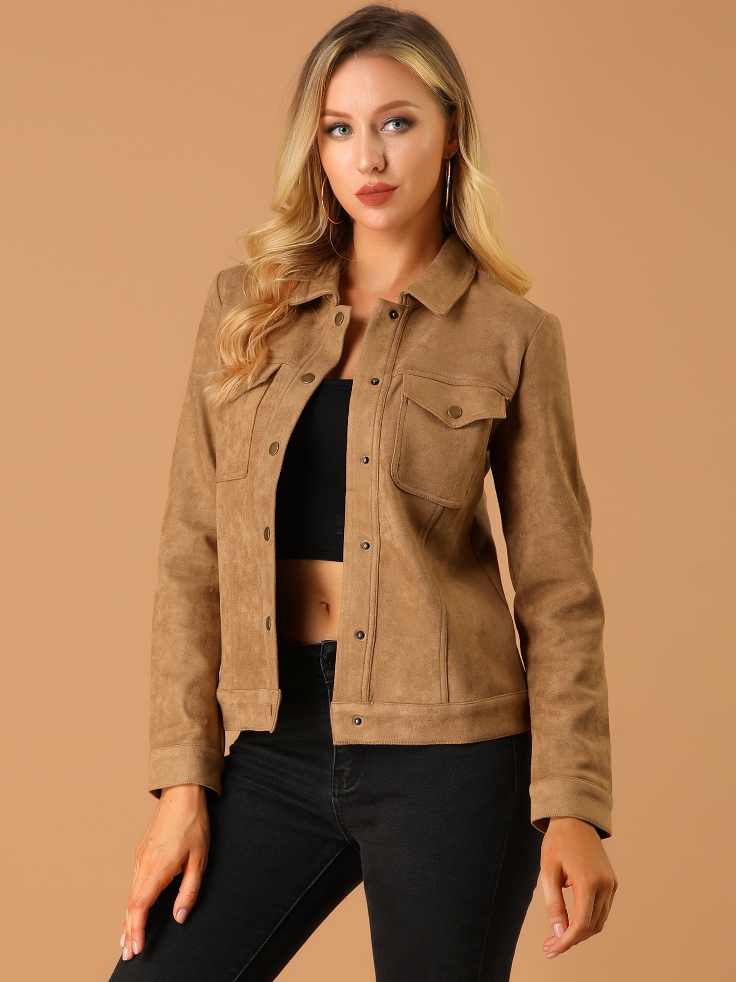 Faux Suede Turn-Down Collar Flap Pocket Snap Button Jacket Brown/XS - Allegra K catalog