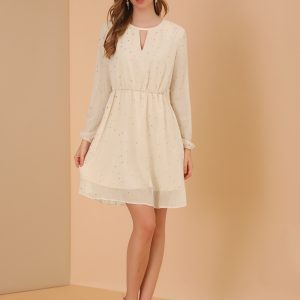 Choker V Neck Flared Gilding Metallic Shiny Star A-Line Dress Beige/XS - Allegra K catalog
