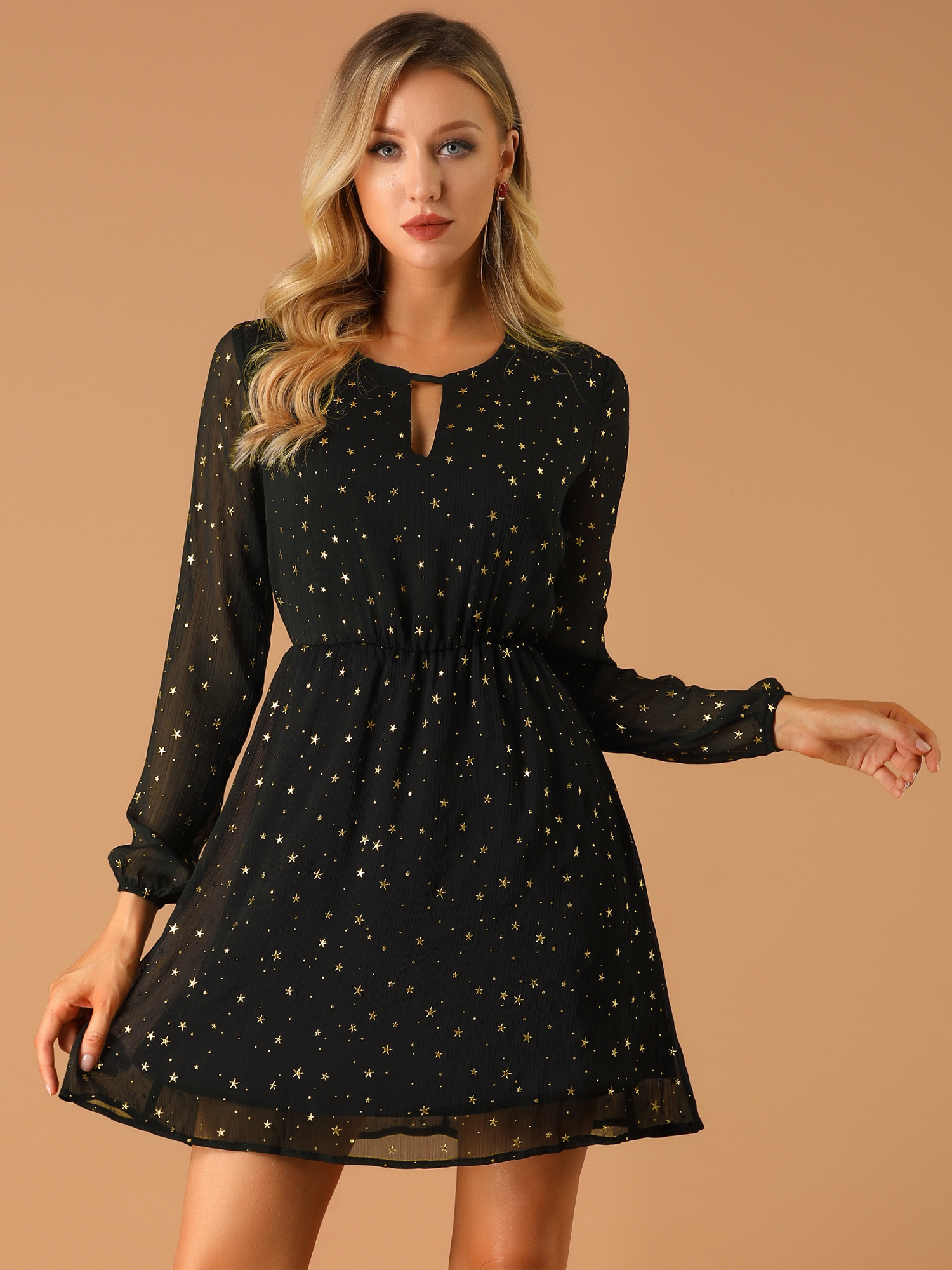 Choker V Neck Flared Gilding Metallic Shiny Star A-Line Dress Black/XS - Allegra K catalog