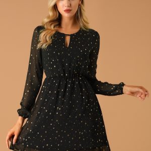 Choker V Neck Flared Gilding Metallic Shiny Star A-Line Dress Black/XL - Allegra K catalog