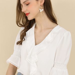 Ruffle Puff Sleeve Lace Trim Chiffon Peasant Blouse White/S - Allegra K catalog