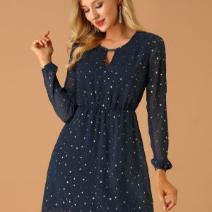 Choker V Neck Flared Gilding Metallic Shiny Star A-Line Dress Dark Blue/XS - Allegra K catalog