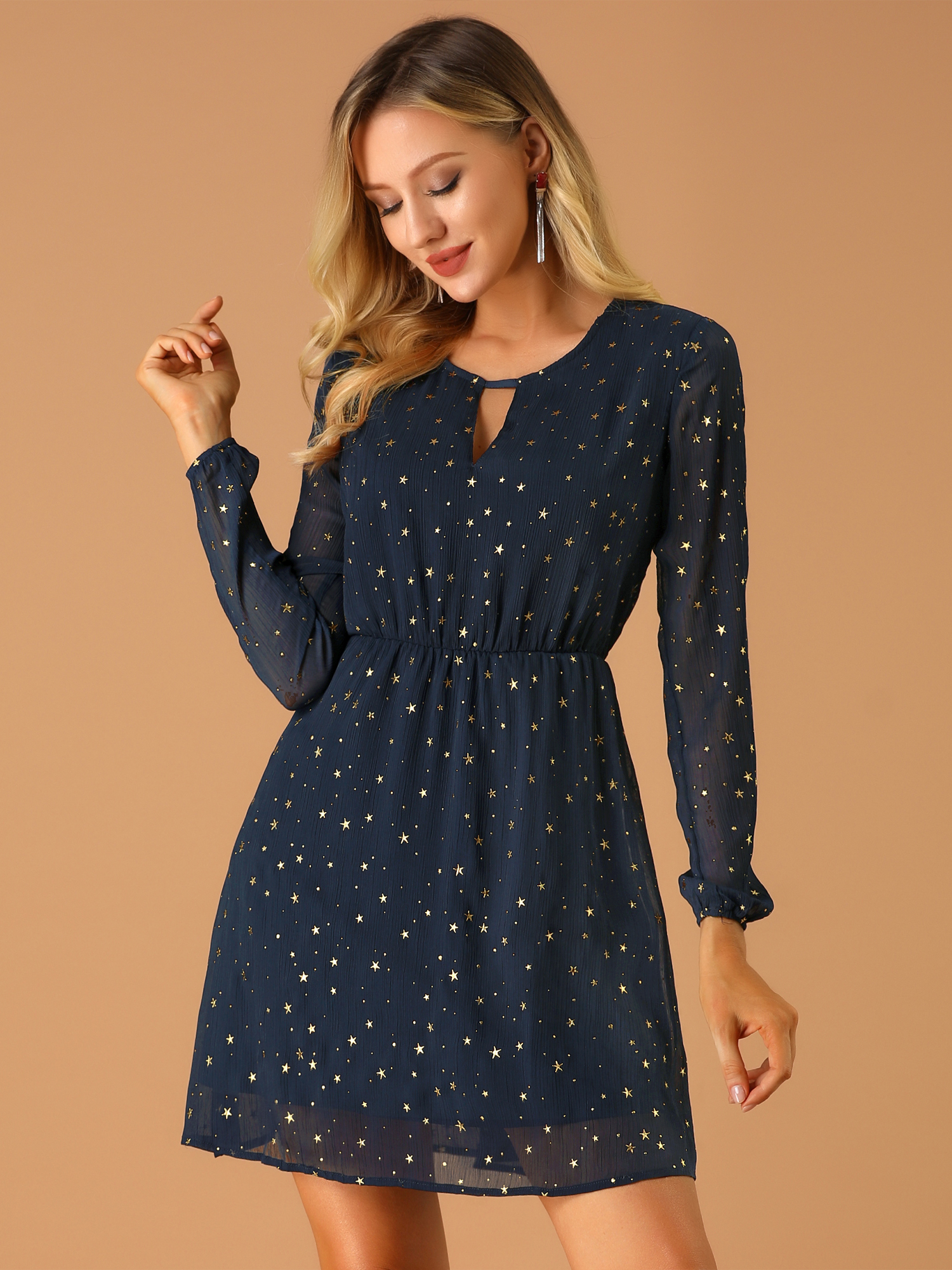 Choker V Neck Flared Gilding Metallic Shiny Star A-Line Dress Dark Blue/XL - Allegra K catalog