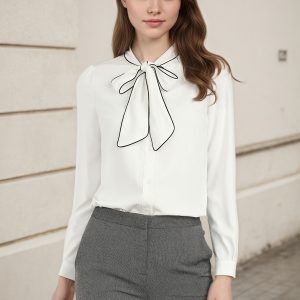 Tie Neck Contrast Color Button Down Long Sleeve Shirt White/S - Allegra K catalog