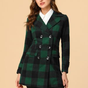 Buffalo Checks Double Breasted Notched Lapel Plaid Trench Pea Coat Green/L - Allegra K catalog