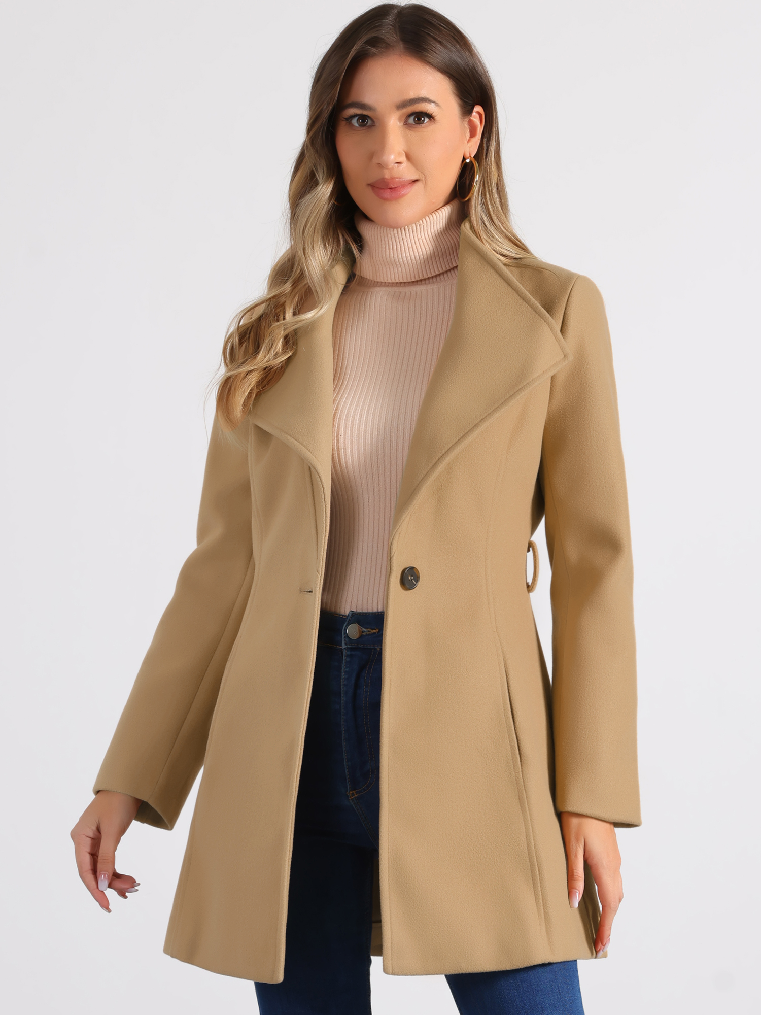 Classic Stand Collar Long Sleeve Winter Belted Coat Khaki/M - Allegra K catalog