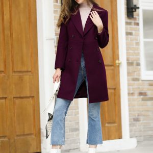 Notched Lapel Double Breasted Outwear Winter Long Coat Purplish/M - Allegra K catalog