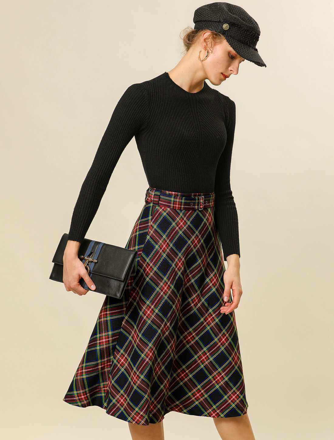 Christmas Tartan Plaid High Waist Belted Vintage A-Line Midi Skirt Dark Blue/S - Allegra K catalog