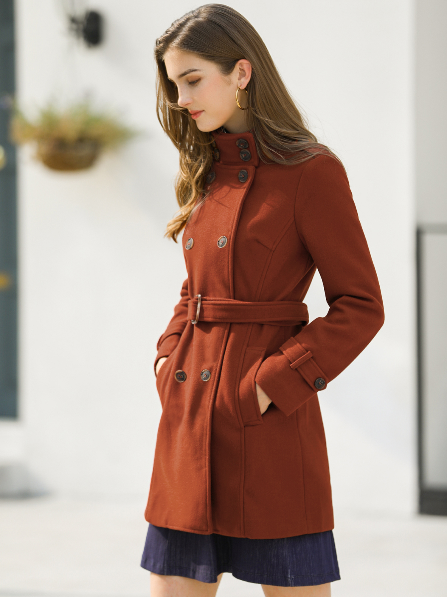Stand Collar Double Breasted Trendy Belted Winter Coat Brown/M - Allegra K catalog