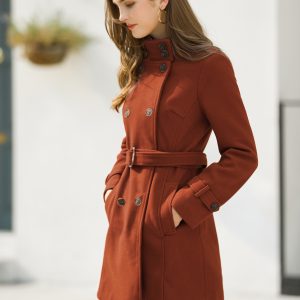 Stand Collar Double Breasted Trendy Belted Winter Coat Brown/L - Allegra K catalog