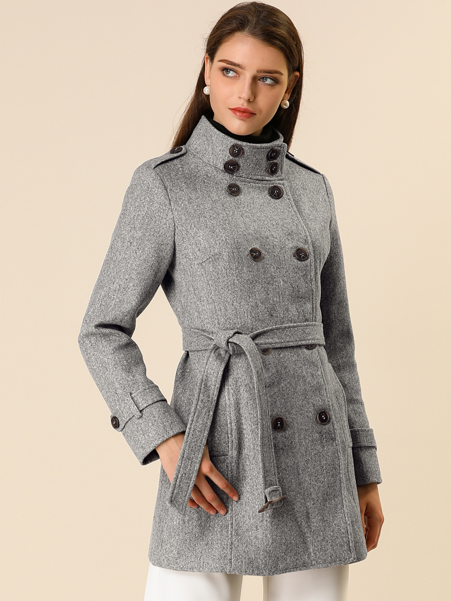 Stand Collar Double Breasted Trendy Belted Winter Coat Gray/XS - Allegra K catalog