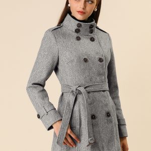 Stand Collar Double Breasted Trendy Belted Winter Coat Gray/M - Allegra K catalog