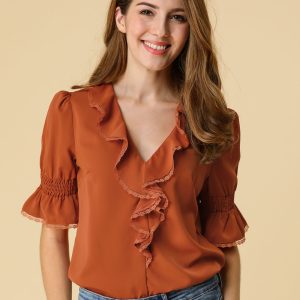 Ruffle Puff Sleeve Lace Trim Chiffon Peasant Blouse Brown Red/M - Allegra K catalog